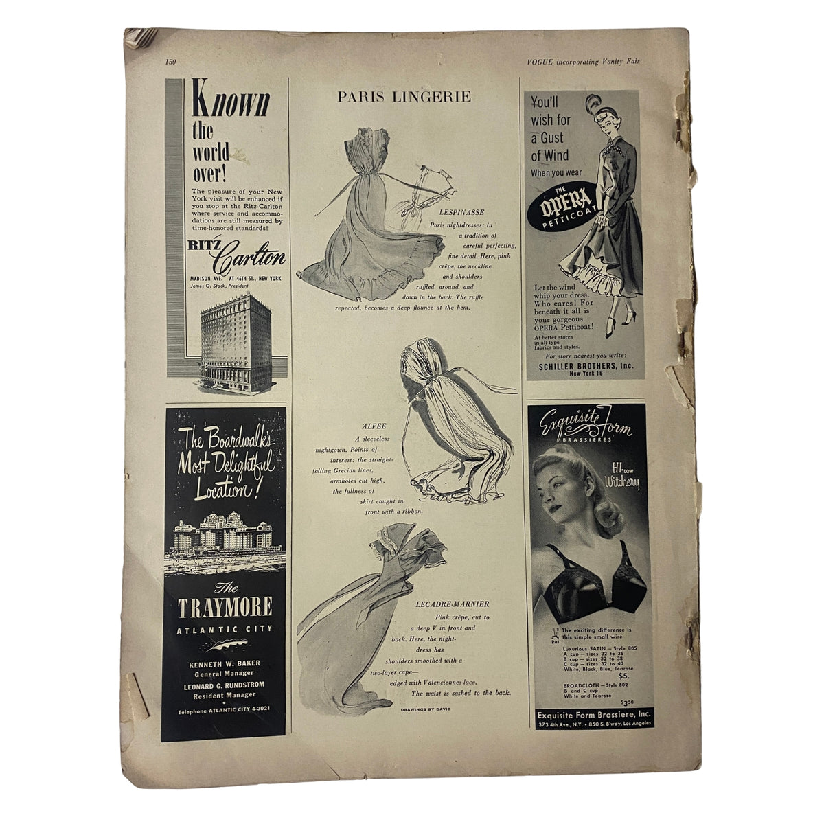 Vogue Magazine January 1952 Suzy Parker by Erwin Blumenfeld GD Interior - Page featuring various lingerie advertisements including Ritz Carlton and fashion styles. Page 149.
