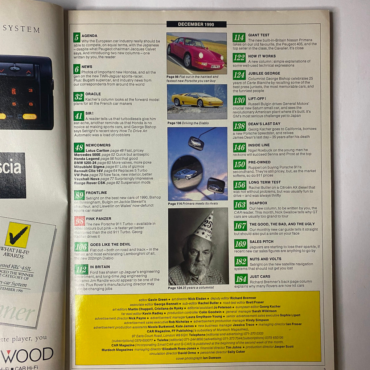 Contents page of Car Magazine UK Import December 1990 detailing articles on the new Porsche 911 Turbo, Lamborghini Diablo, and various automotive topics.