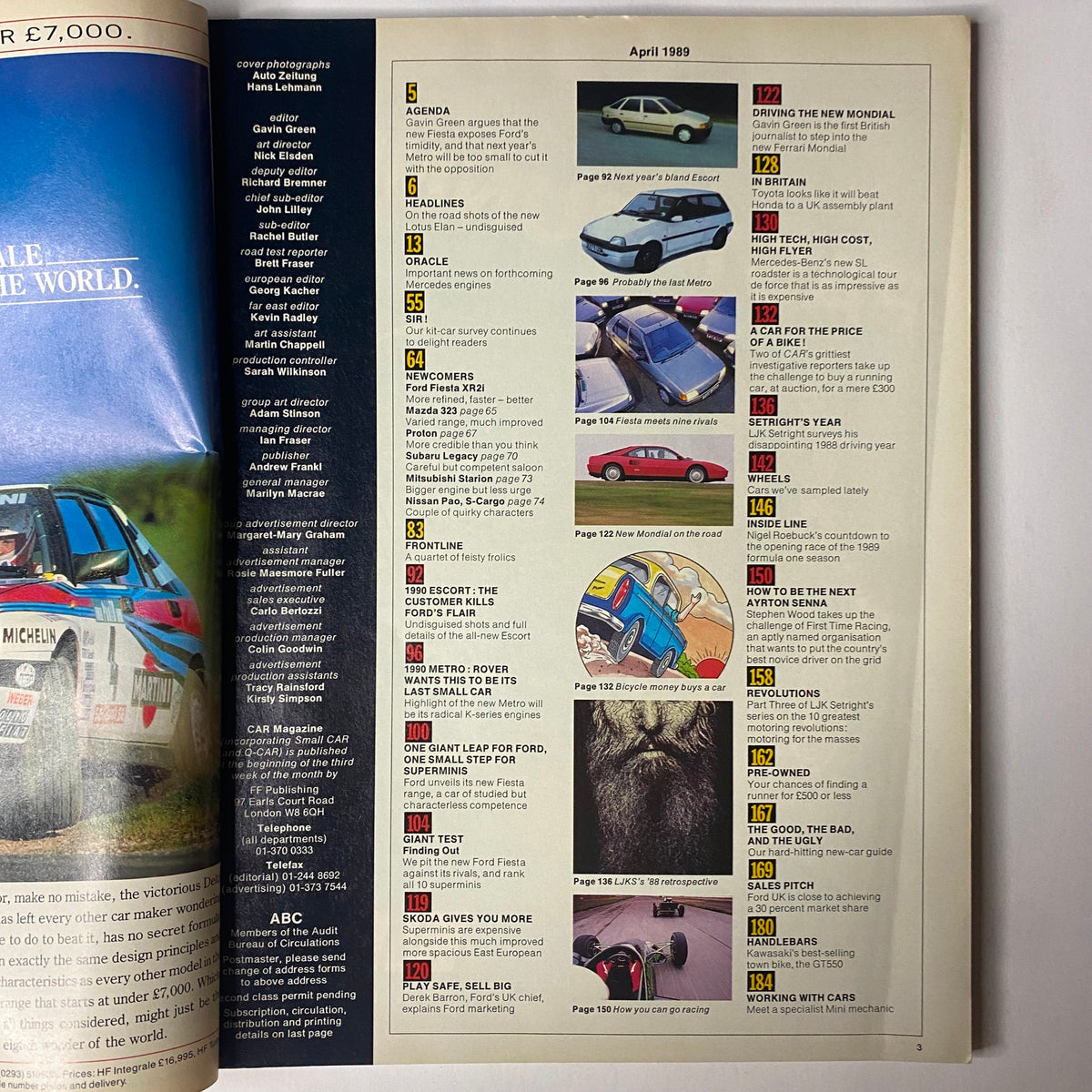 Contents page from Car Magazine UK Import, April 1989, detailing articles about the 1990 Metro, 1990 Escort, and features on the latest automotive industry developments.