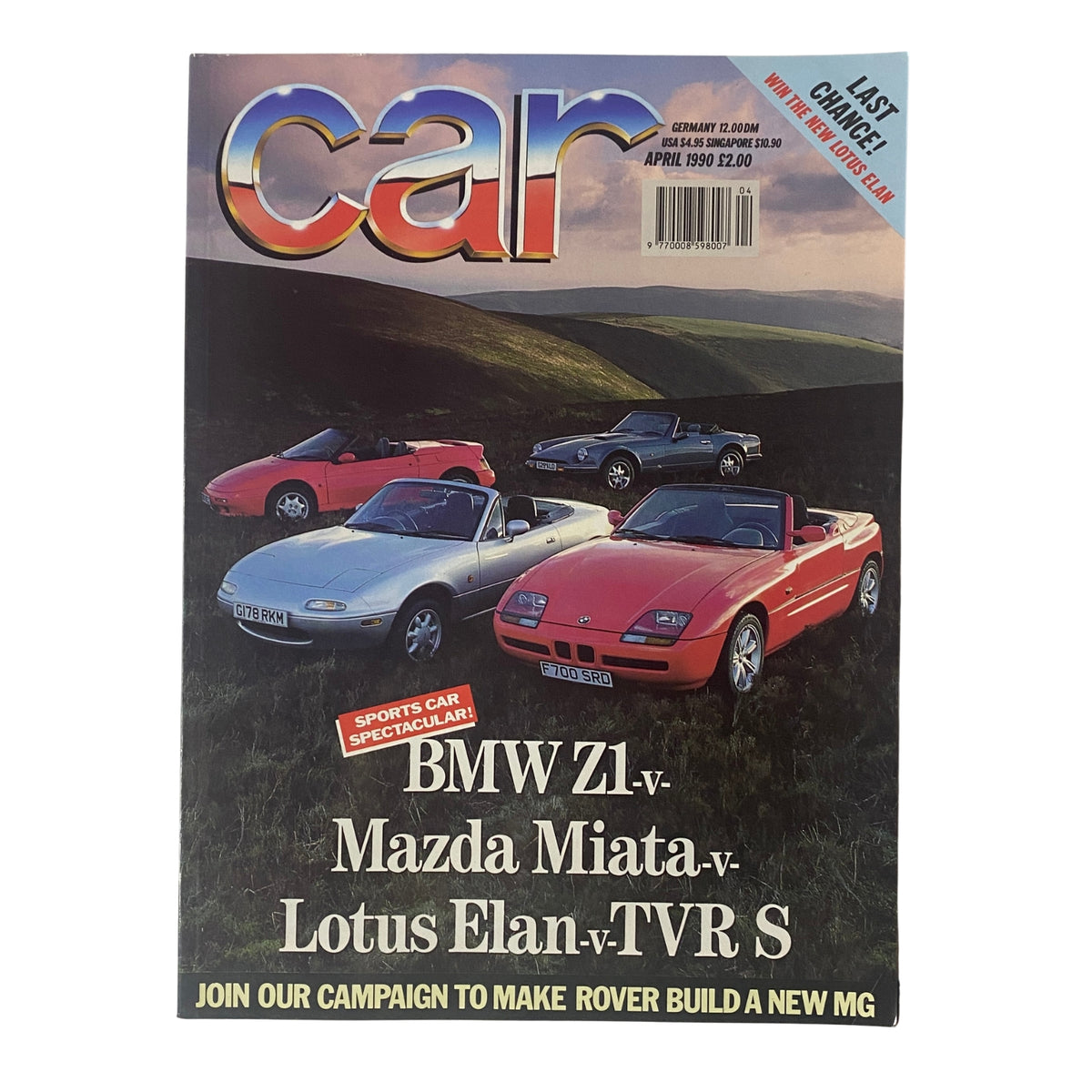 Car Magazine UK Import, April 1990 featuring a comparison of iconic roadsters: BMW Z1, Mazda Miata, Lotus Elan, and TVR S on the cover.