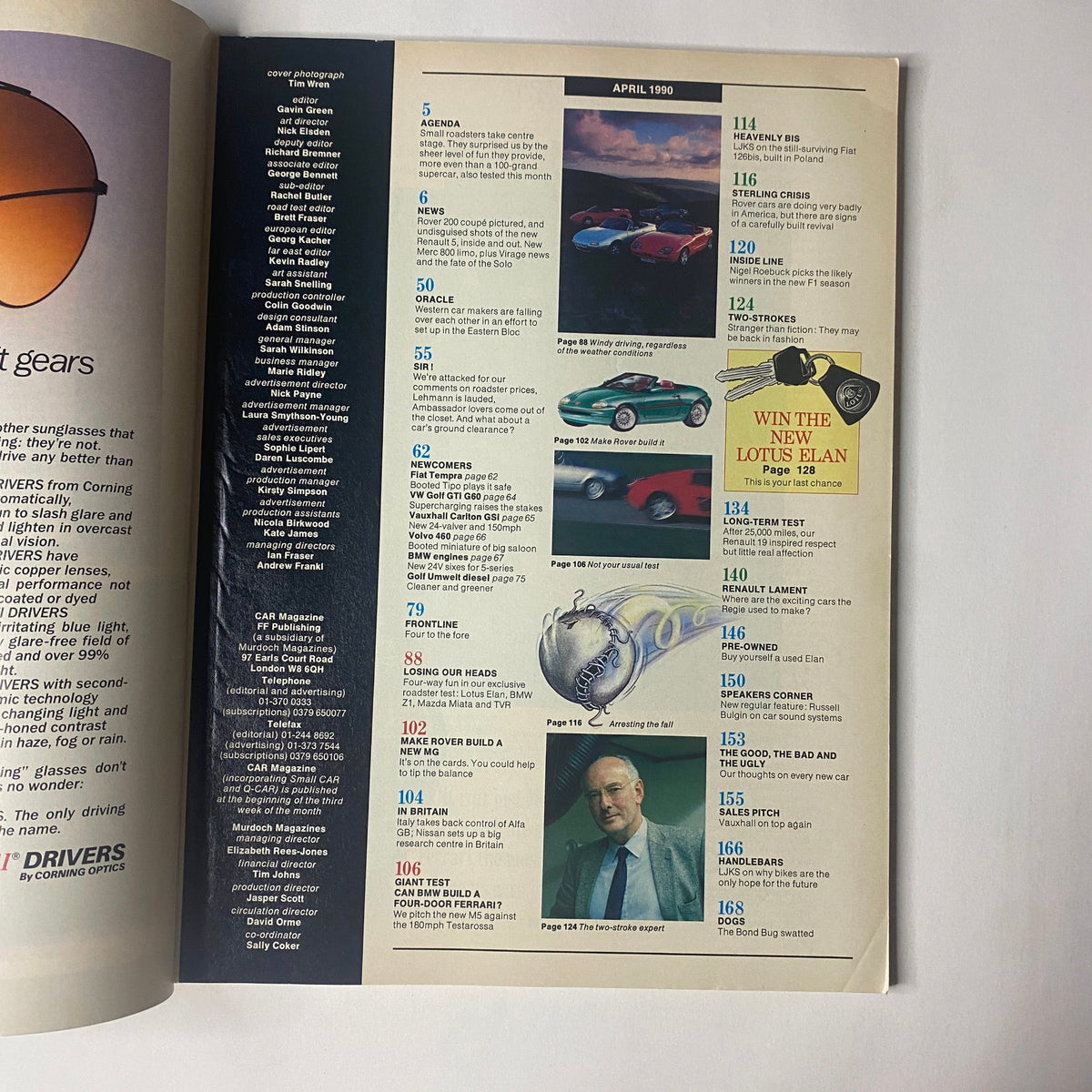 April 1990 issue of Car Magazine UK Import featuring a contents page highlighting feature articles including BMW Z1 vs Mazda Miata vs Lotus Elan vs TVR S, performance tests, and automotive news.