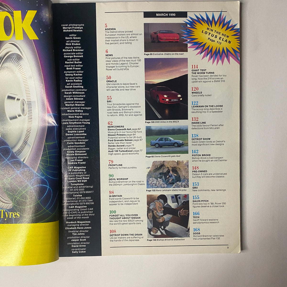 Contents page of Car Magazine UK Import March 1990 listing features on the Nissan Z-car and Lamborghini Diablo.