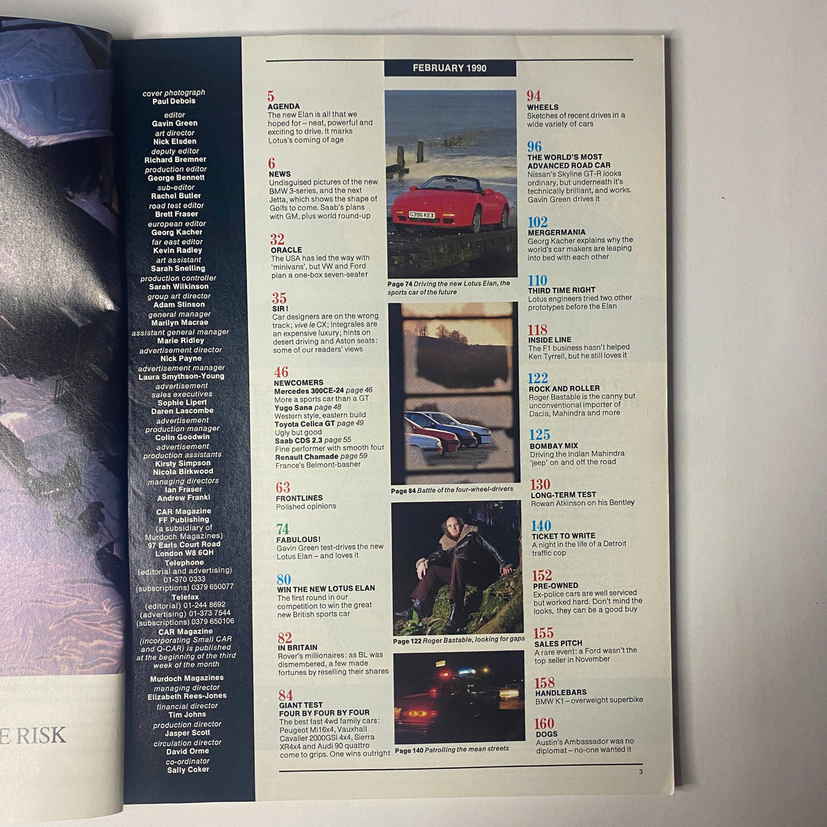 Contents page of Car Magazine UK Import February 1990, outlining various features including the new Lotus Elan road test and automotive industry insights.