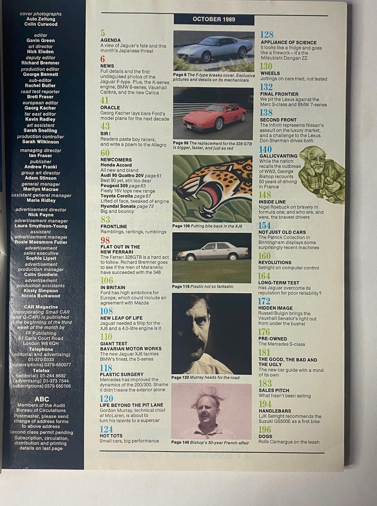 Table of contents from CAR Magazine, October 1989 outlining features such as the Jaguar F-Type scoop and Ferrari 348 review, along with various automotive articles and car specifications.