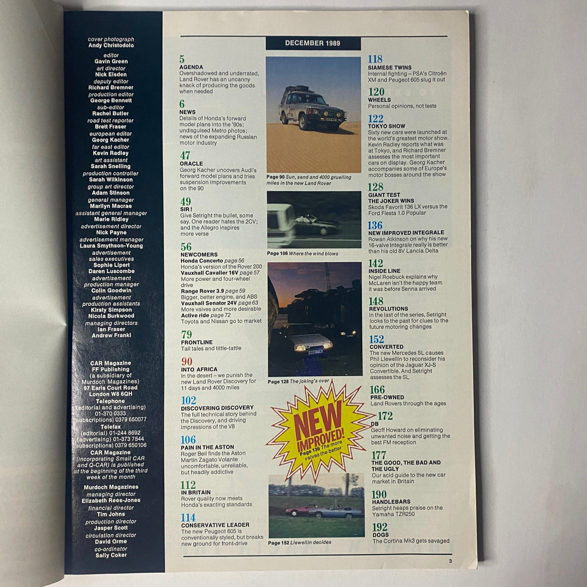 Page from CAR Magazine December 1989 featuring the Table of Contents, including articles about Land Rover Discovery, automotive news, and product reviews.