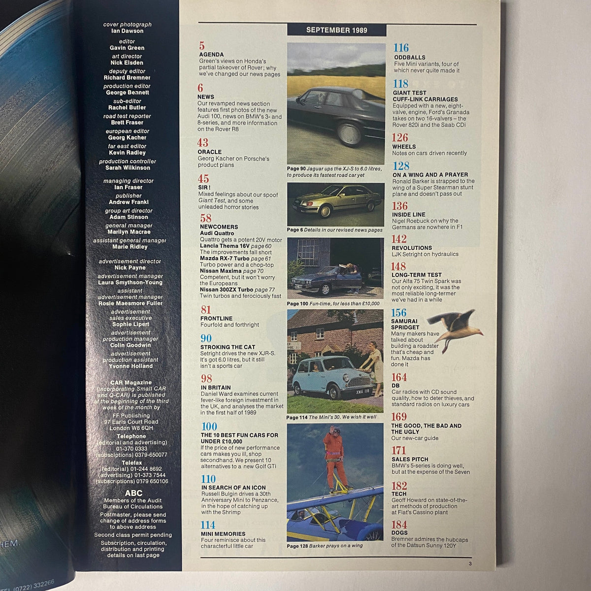 Table of Contents from CAR Magazine, September 1989, listing articles including 'ODDBALLS' and 'STROKING THE CAT', featuring the Jaguar XJ-S 6.0L review.