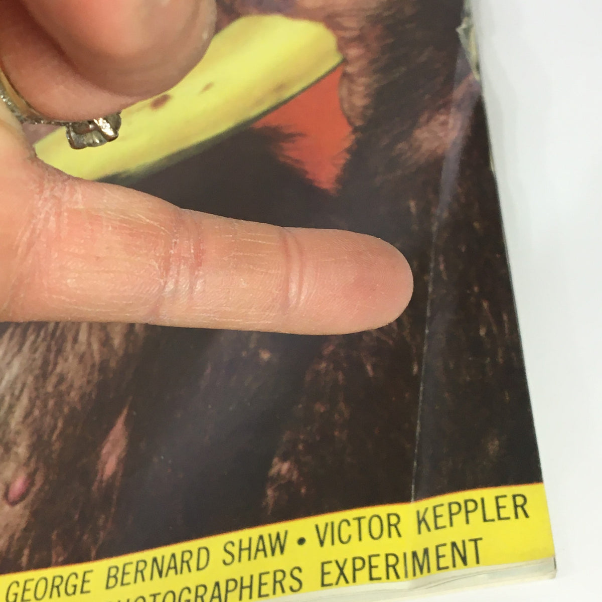 Close-up view of the VTG Popular Photography Magazine, February 1945, highlighting text on the edge that includes George Bernard Shaw and topics relevant to photography experimentation.