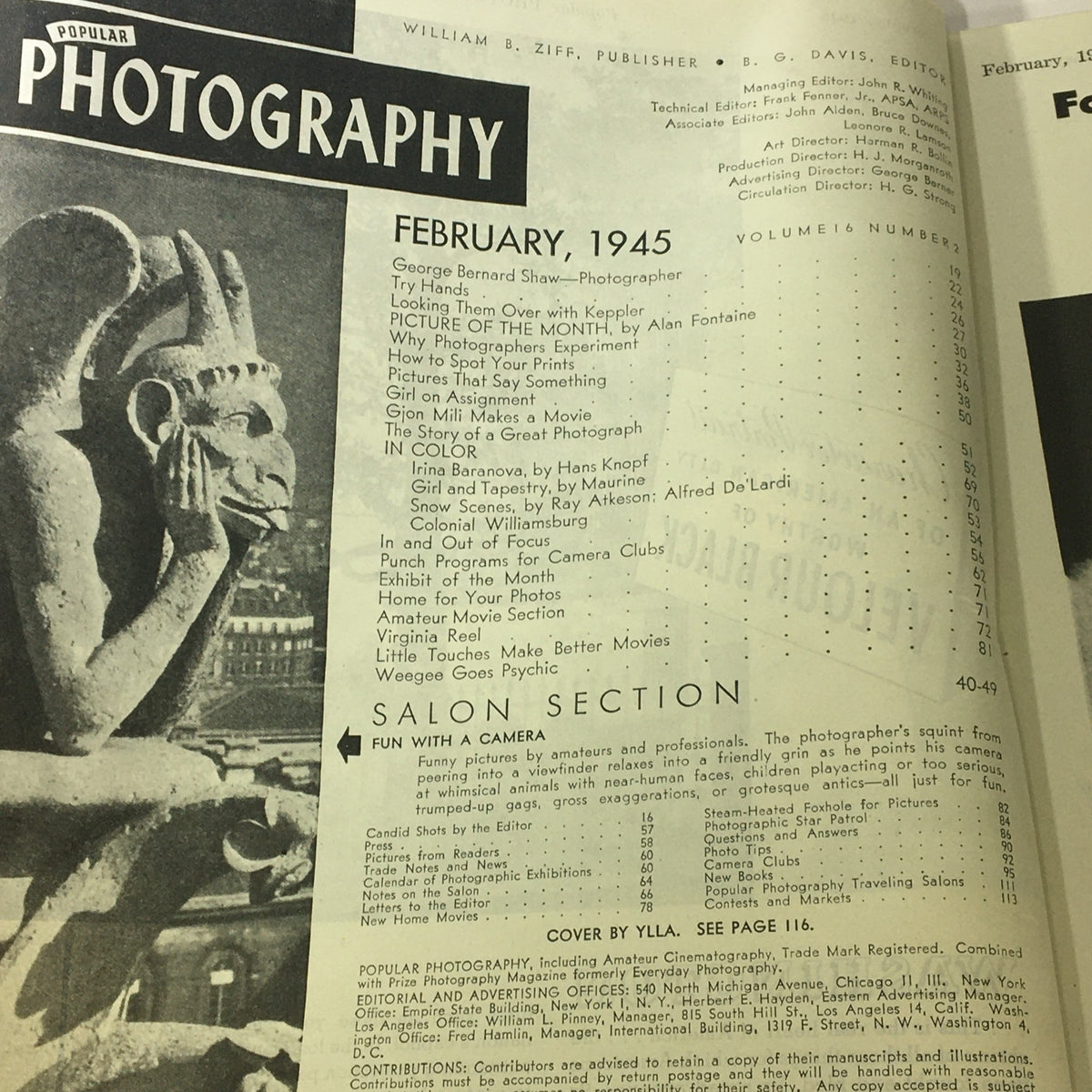 Vtg Popular Photography Magazine February 1945 featuring George Bernard Shaw, showcasing the table of contents and topics covered in the magazine.
