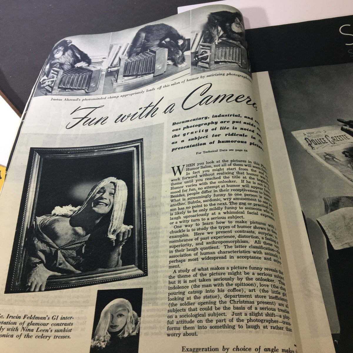 Article spread titled Fun with a Camera from Popular Photography Magazine February 1945, discussing humorous photography tactics with engaging images.