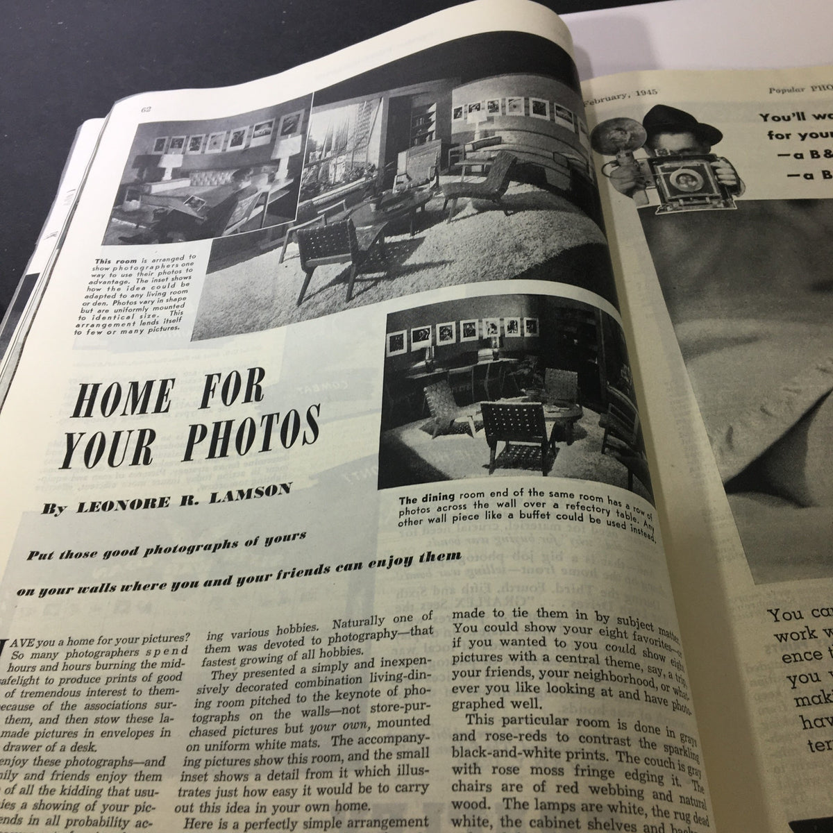 Interior article from VTG Popular Photography Magazine February 1945 titled 'Home for Your Photos' with various photo display ideas. The magazine features George Bernard Shaw on the cover.