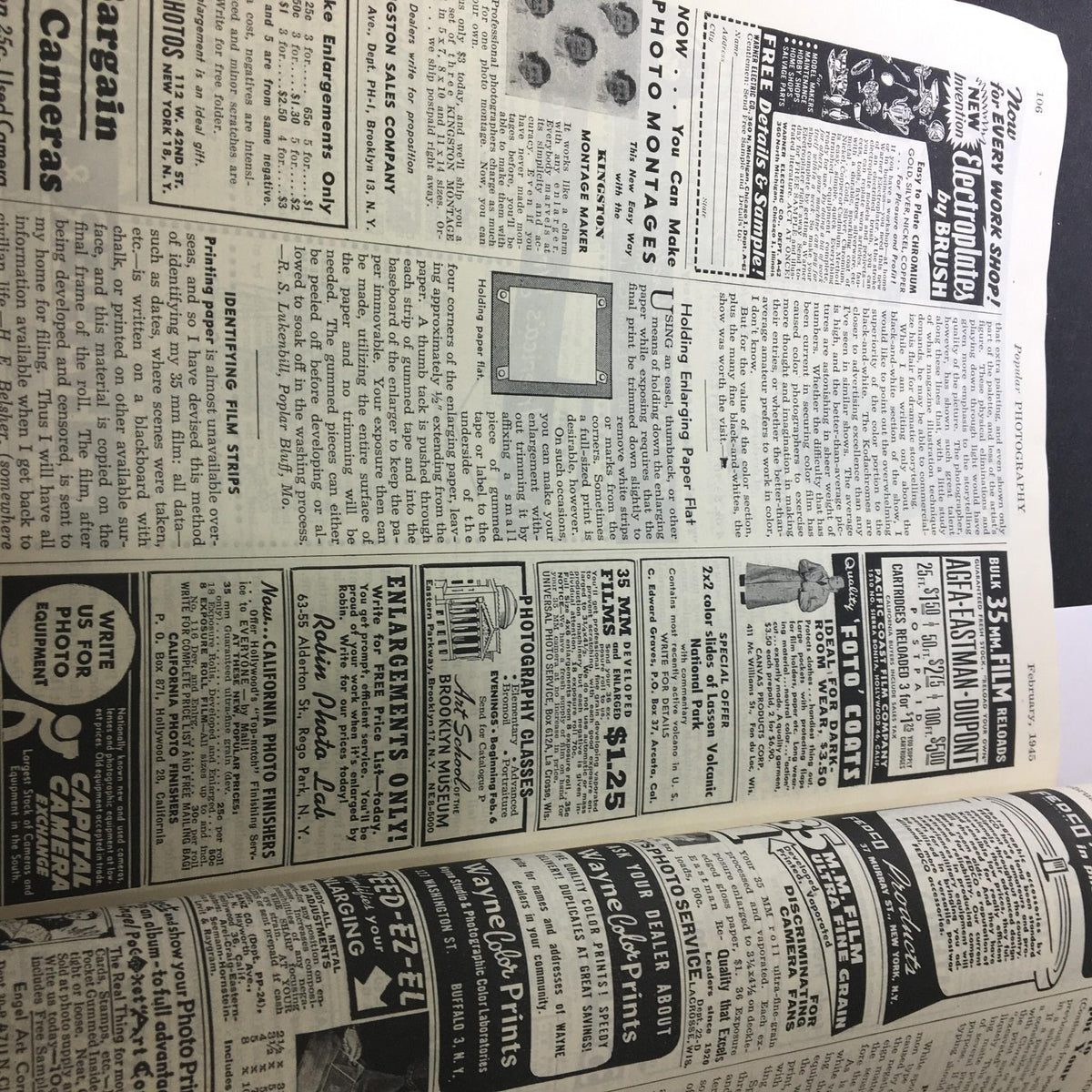 Classified ads page from VTG Popular Photography Magazine February 1945, promoting photography supplies and services. This edition prominently features George Bernard Shaw on the cover.