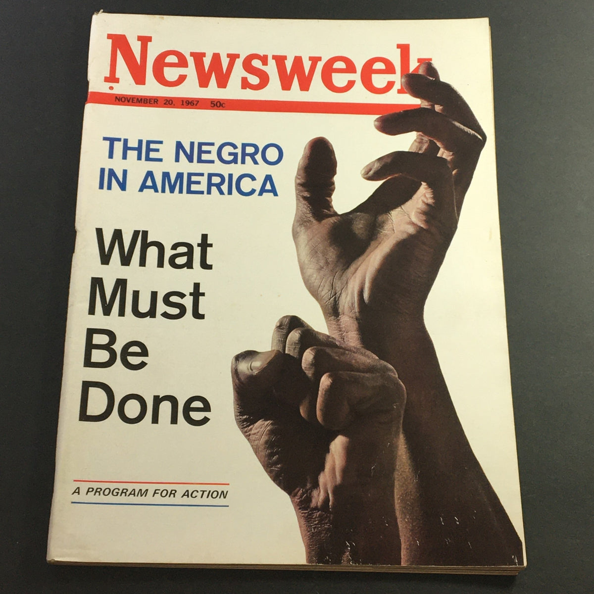 Vintage Newsweek magazine cover from November 20, 1967, featuring 'The Negro in America' and a powerful image of raised hands symbolizing action.