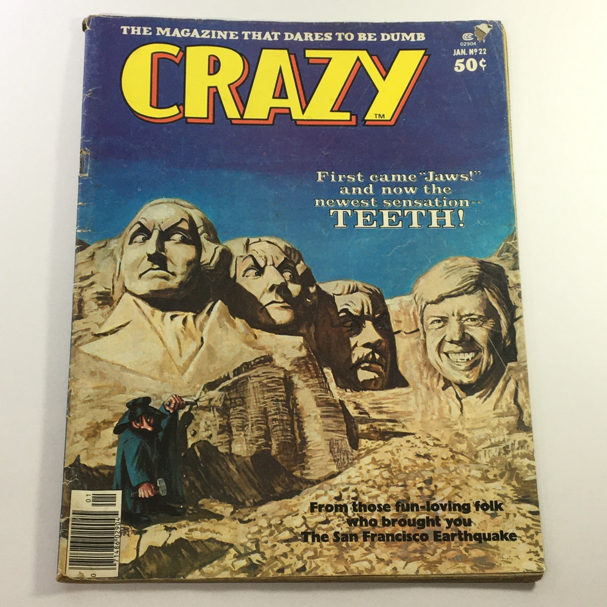 Cover of VTG Stan Lee Crazy Magazine January 1977 #22 featuring humorous imagery and text, including first came 'Jaws!' and the newest sensation 'Teeth!' showcasing vintage comic culture.