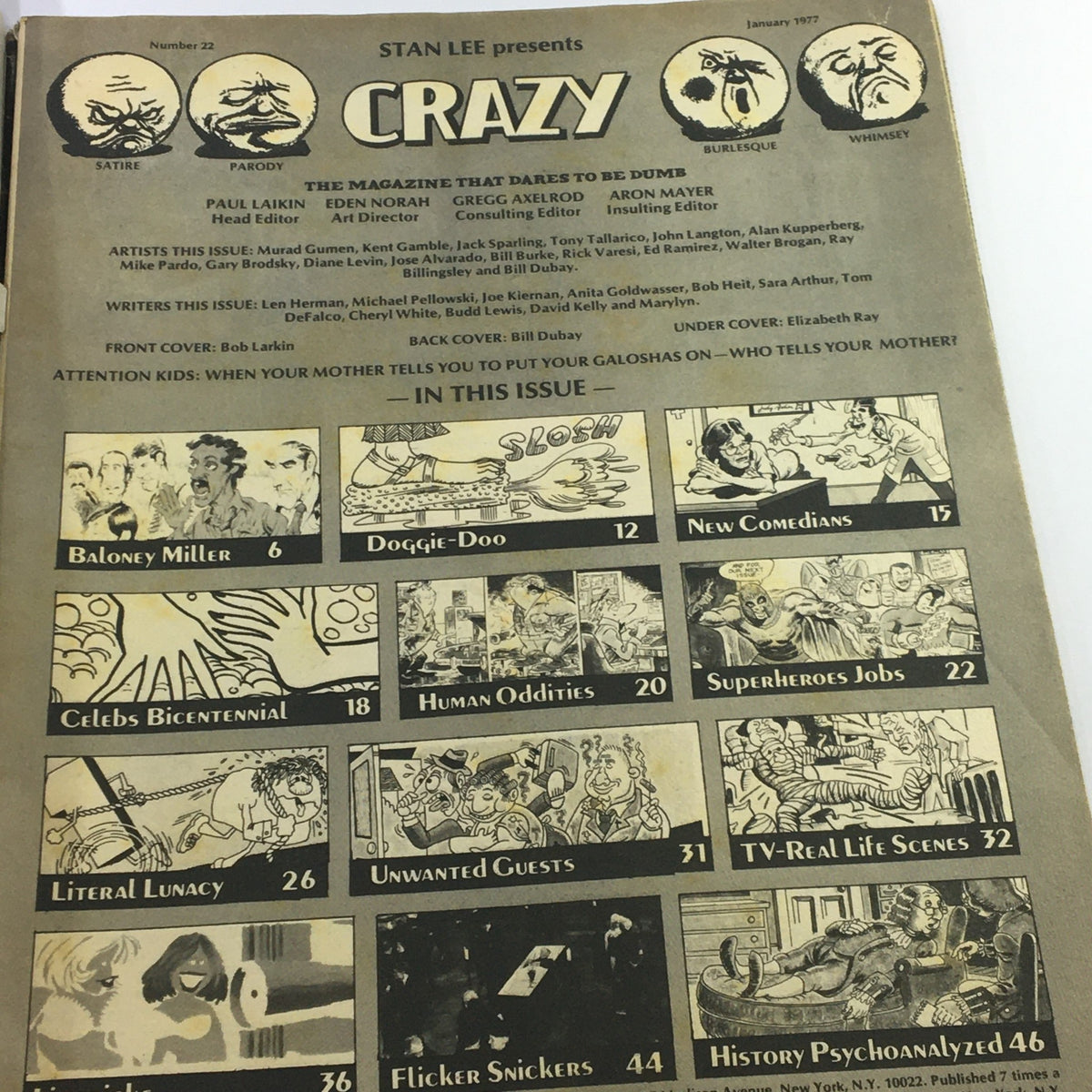Table of contents page from VTG Stan Lee Crazy Magazine January 1977 #22 listing features like 'Baloney Miller' and 'Doggie Doo', showcasing the comic satire and humor of the era.