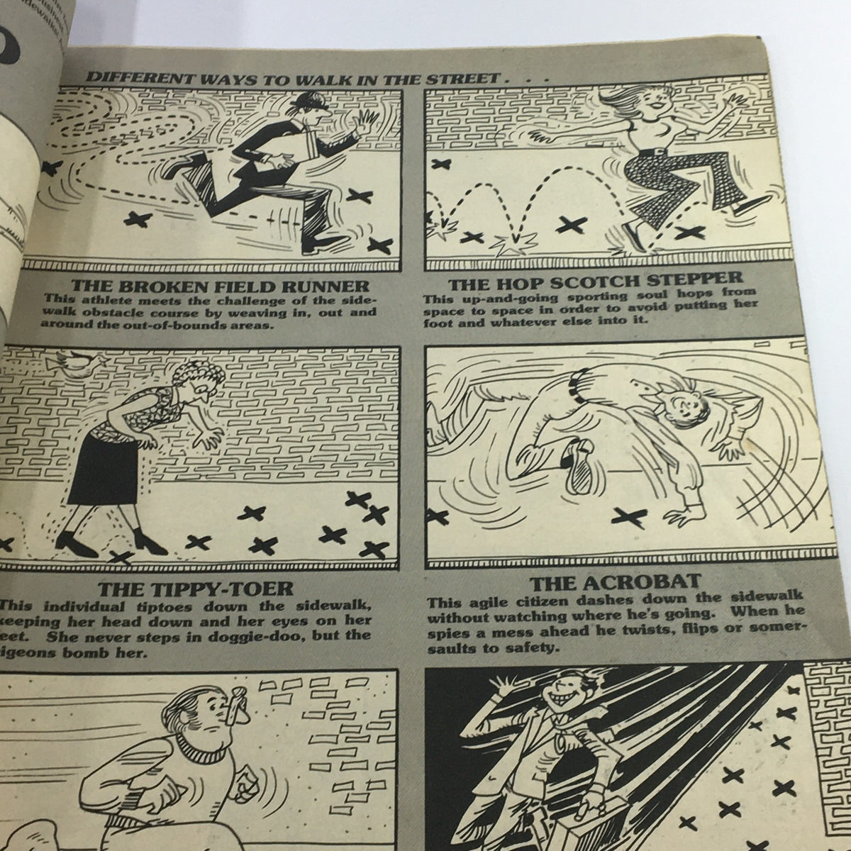 Illustration page from VTG Stan Lee Crazy Magazine January 1977 #22 depicting various humorous ways to walk in the street, part of the 'Doggie-Doo' feature, blending humor and comic artistry.
