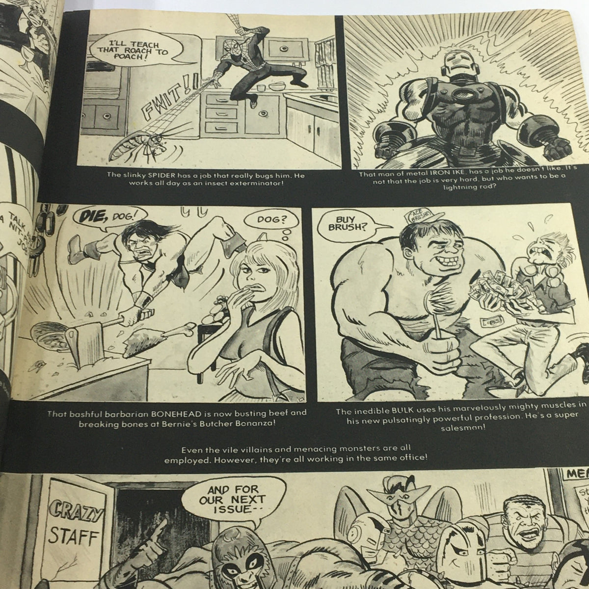 Comic page from the January 1977 Stan Lee's Crazy Magazine, #22, depicting funny interactions among characters like Spider and Iron Ike, showcasing the humor of the era.