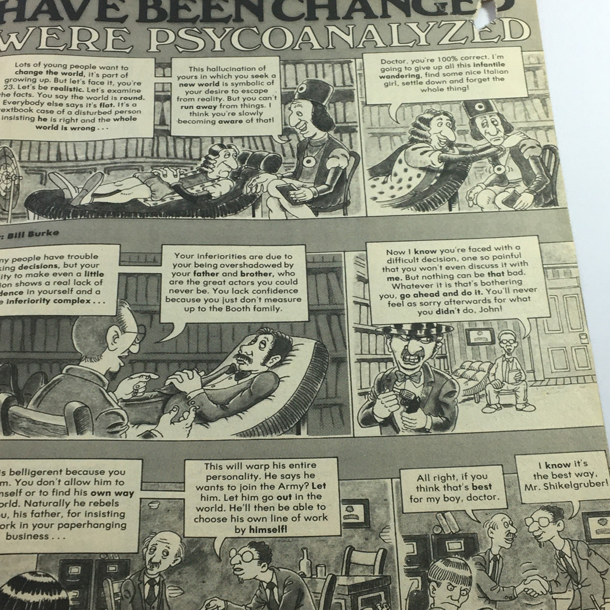 Illustrated scene from the January 1977 issue of Stan Lee's Crazy Magazine, #22, showing a humorous psychoanalysis session featuring historical figures.