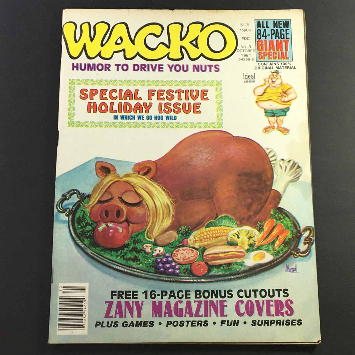 Wacko Magazine October 1981 Issue #3 featuring a humorous cover illustration of a pig on a platter with festive food items, highlighting its special holiday theme and the tagline 'Humor to Drive You Nuts'.