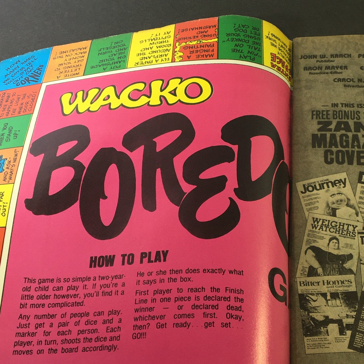 Page from VTG Wacko Magazine October 1981, Issue #3 displaying the 'Wacko Bored' game with instructions on how to play.