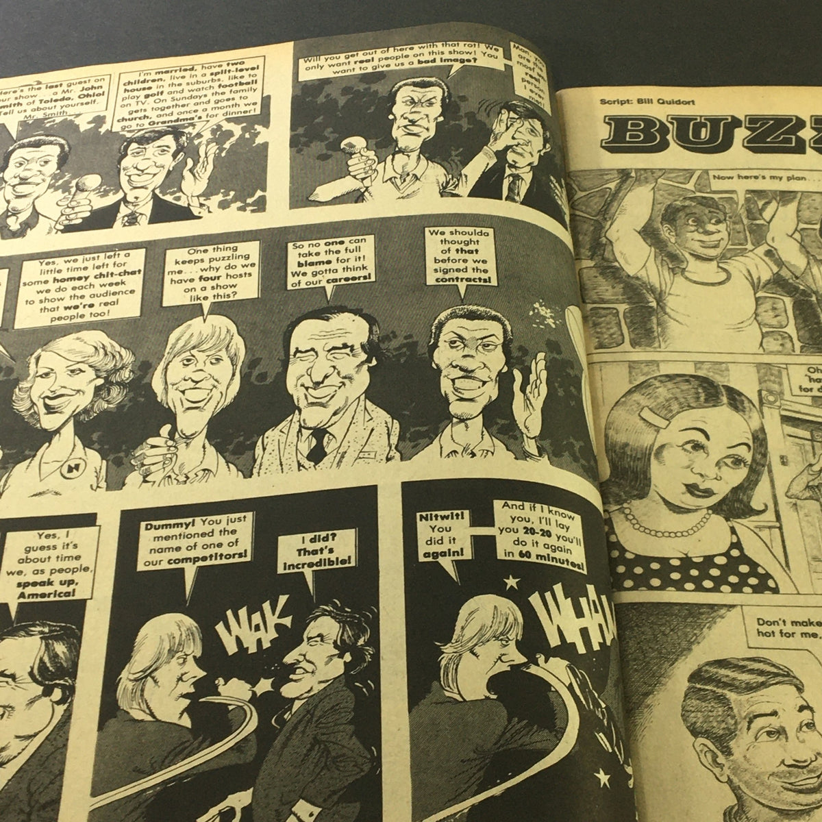 Comic strip page titled 'Buzz' from VTG Wacko Magazine October 1981, Issue #3 illustrating satirical commentary with caricatured characters.