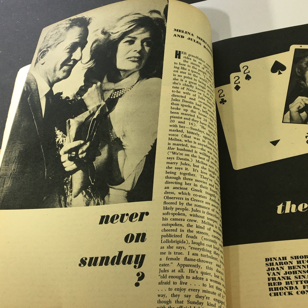 Inside page of VTG Hollywood Romances Magazine 1962 No. 17 featuring Melina Mercouri and Jules Dassin with a discussion on their romantic relationship.
