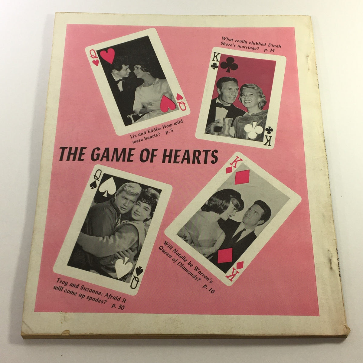 Back cover of VTG Hollywood Romances Magazine 1962 No. 17, titled 'The Game of Hearts' with images of couples and playing cards.