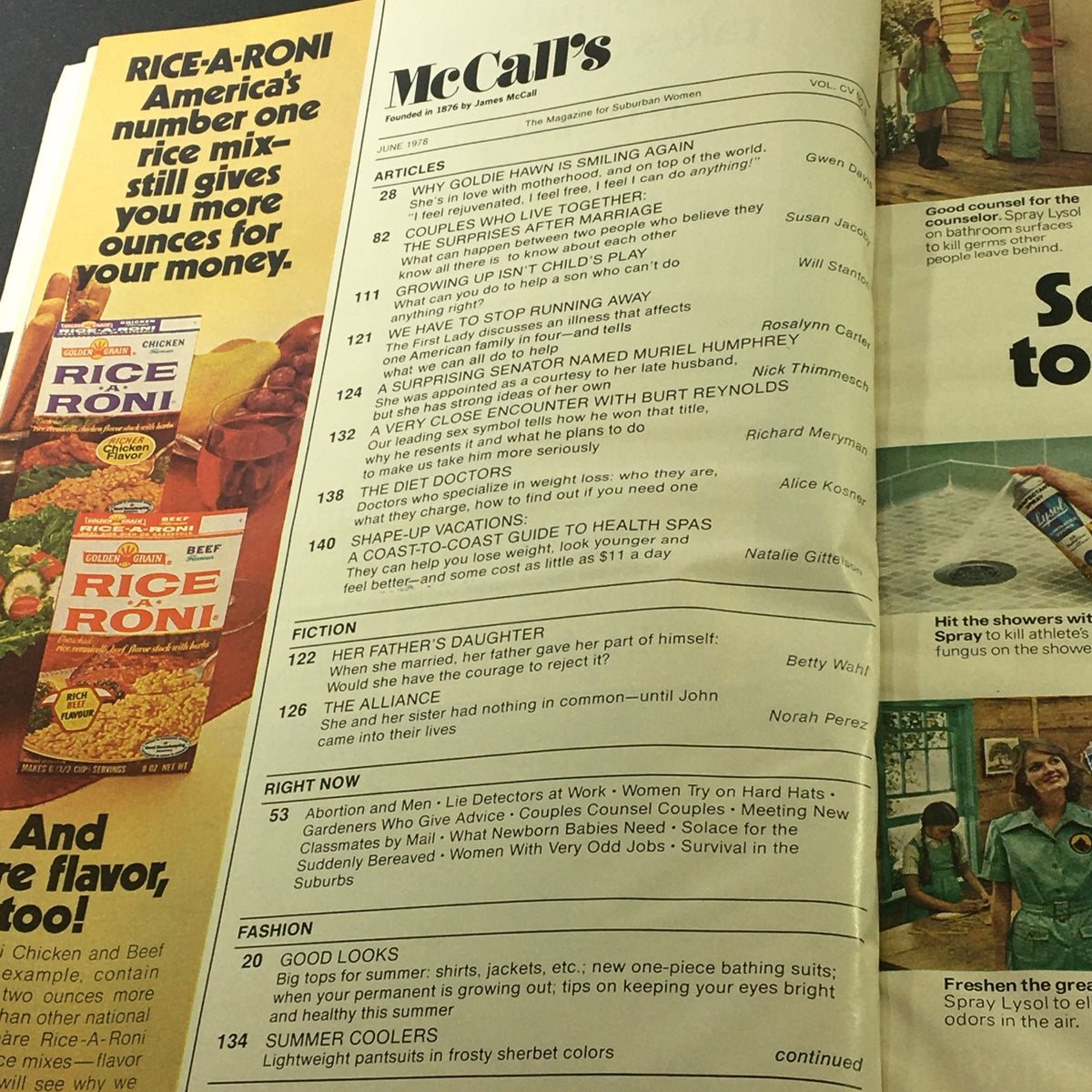Table of contents from VTG McCall's Magazine June 1978 Vol CV #9 highlighting various articles and features.