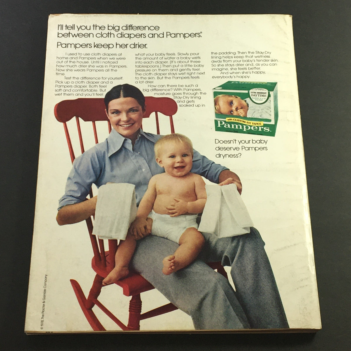 Back cover of VTG McCall's Magazine June 1978 Vol CV #9 featuring a Pampers advertisement with a mother and child.