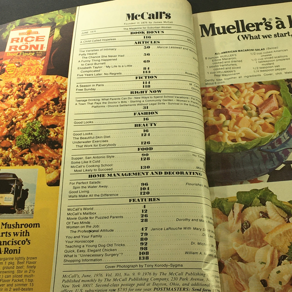 Inside page of VTG McCall's Magazine June 1976 displaying the table of contents with articles on fashion, beauty, food, and features from the era.