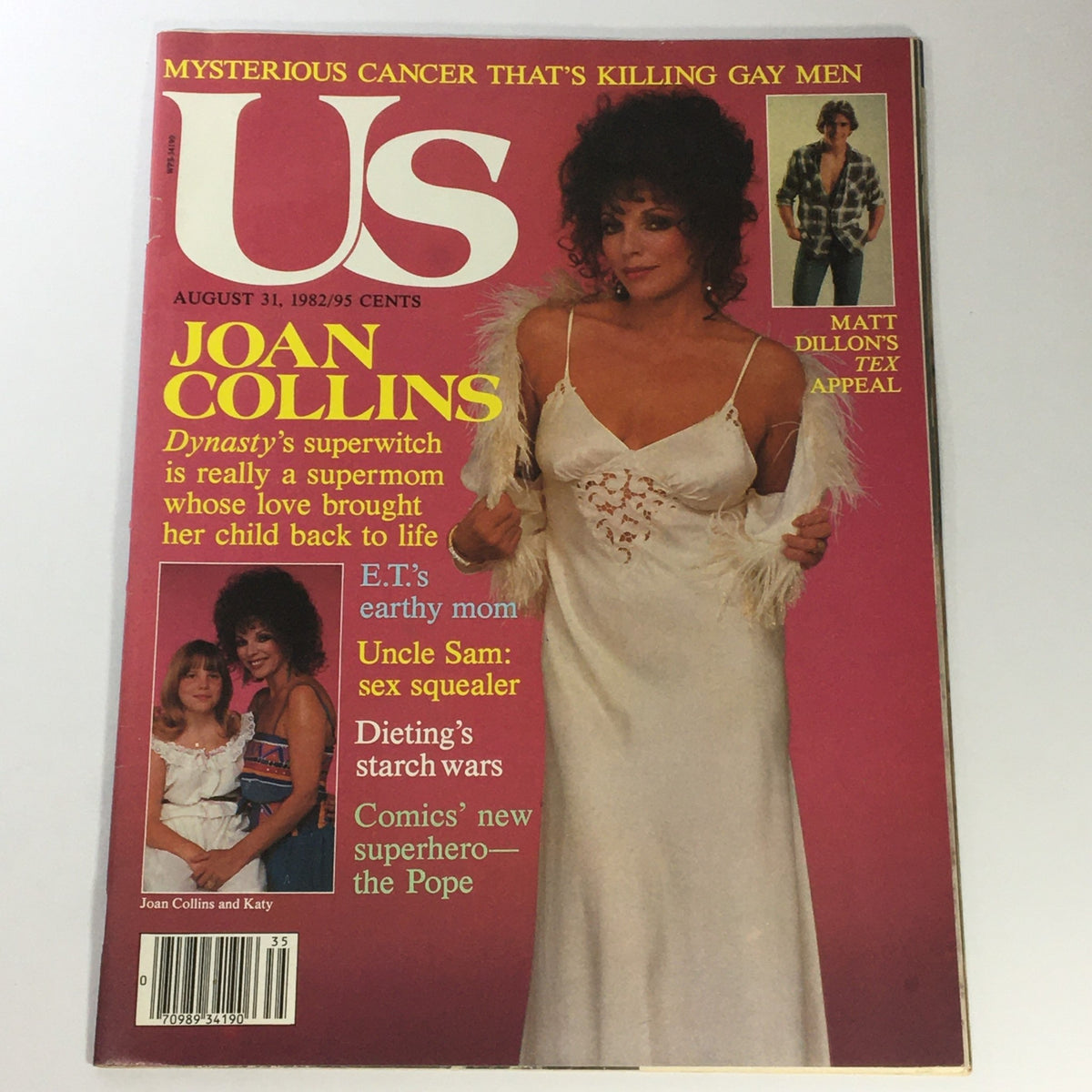 Vintage Us Magazine from August 31, 1982, featuring Joan Collins on the cover, showcasing her glamorous style and alongside her daughter Katy Collins. The magazine captures the essence of 1980s pop culture and Hollywood, making it a collectible item for fans and collectors.