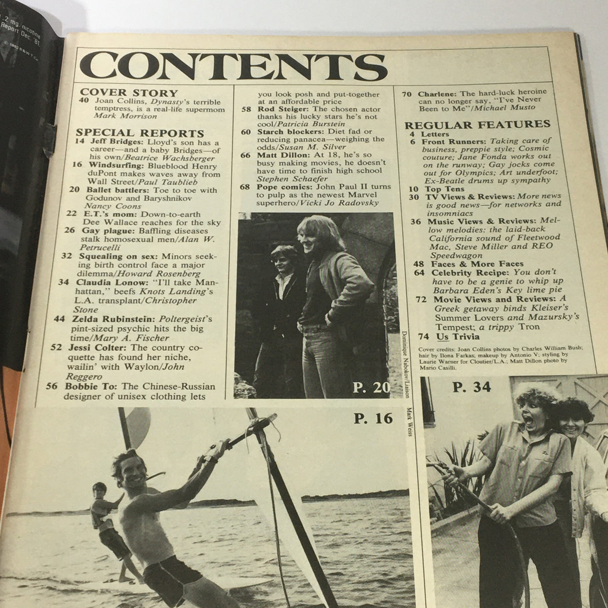 Contents page of Us Magazine August 31 1982 featuring Joan Collins and her daughter Katy Collins, showcasing articles about various celebrities and topics relevant to the era.