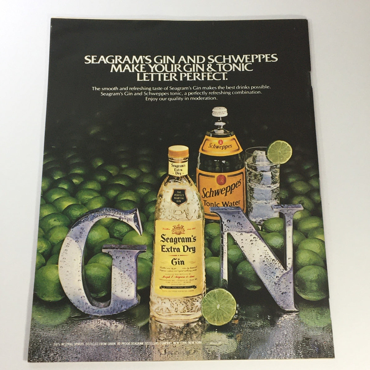 Advertisement for Seagram's Gin and Schweppes tonic water from Us Magazine August 31 1982, promoting the perfect gin and tonic experience.