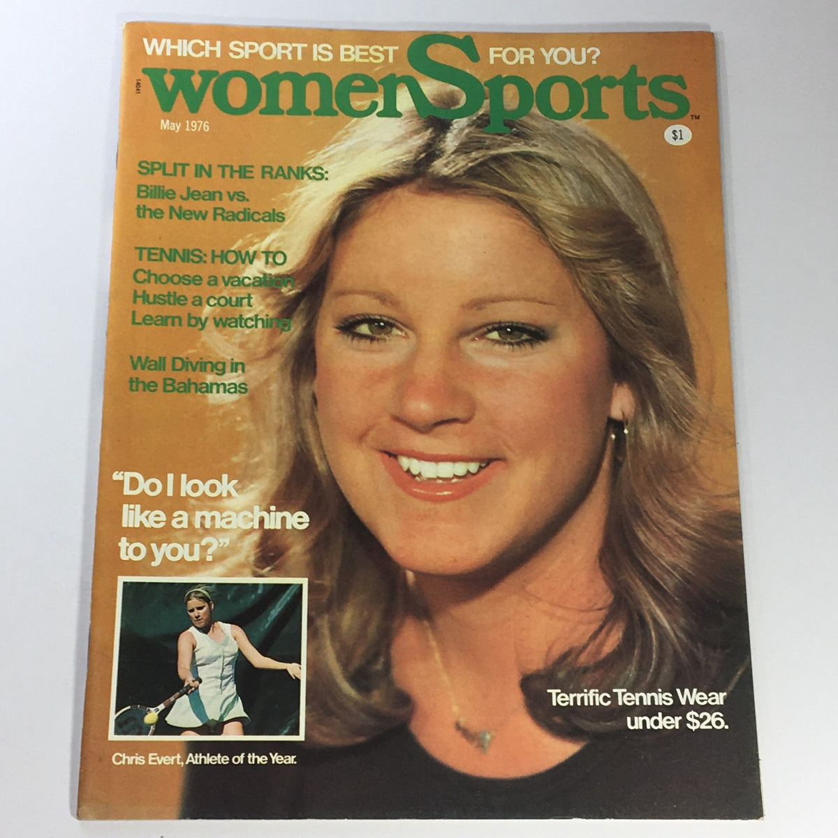 Cover of the VTG Women Sports Magazine May 1976 Vol 3 #5 featuring Chris Evert, showcasing her as Athlete of the Year with headlines about women's sports and a smiling portrait.