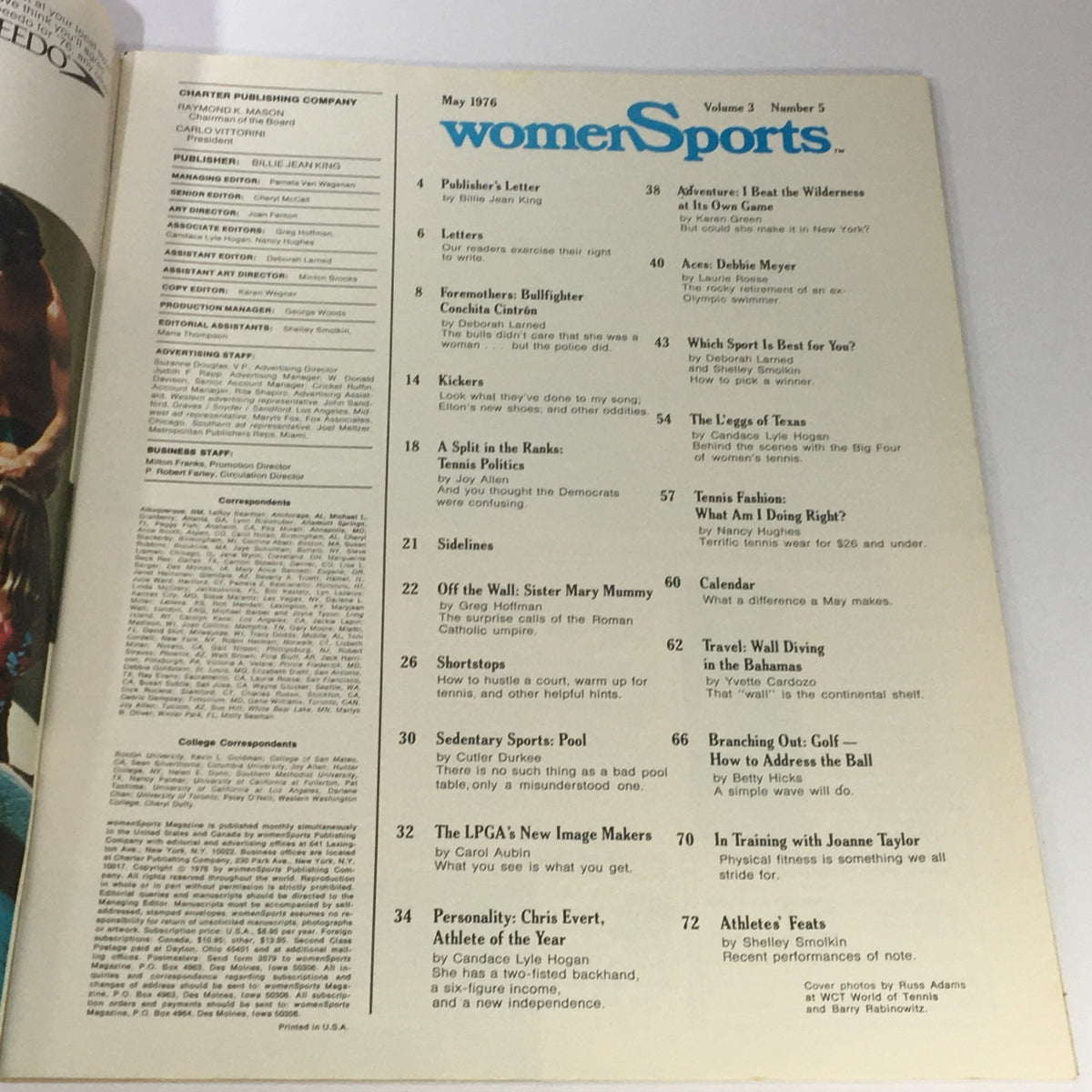 Inside page of the VTG Women Sports Magazine May 1976 Vol 3 #5, displaying the table of contents with features such as a publisher's letter, kickers, and articles about women's sports.
