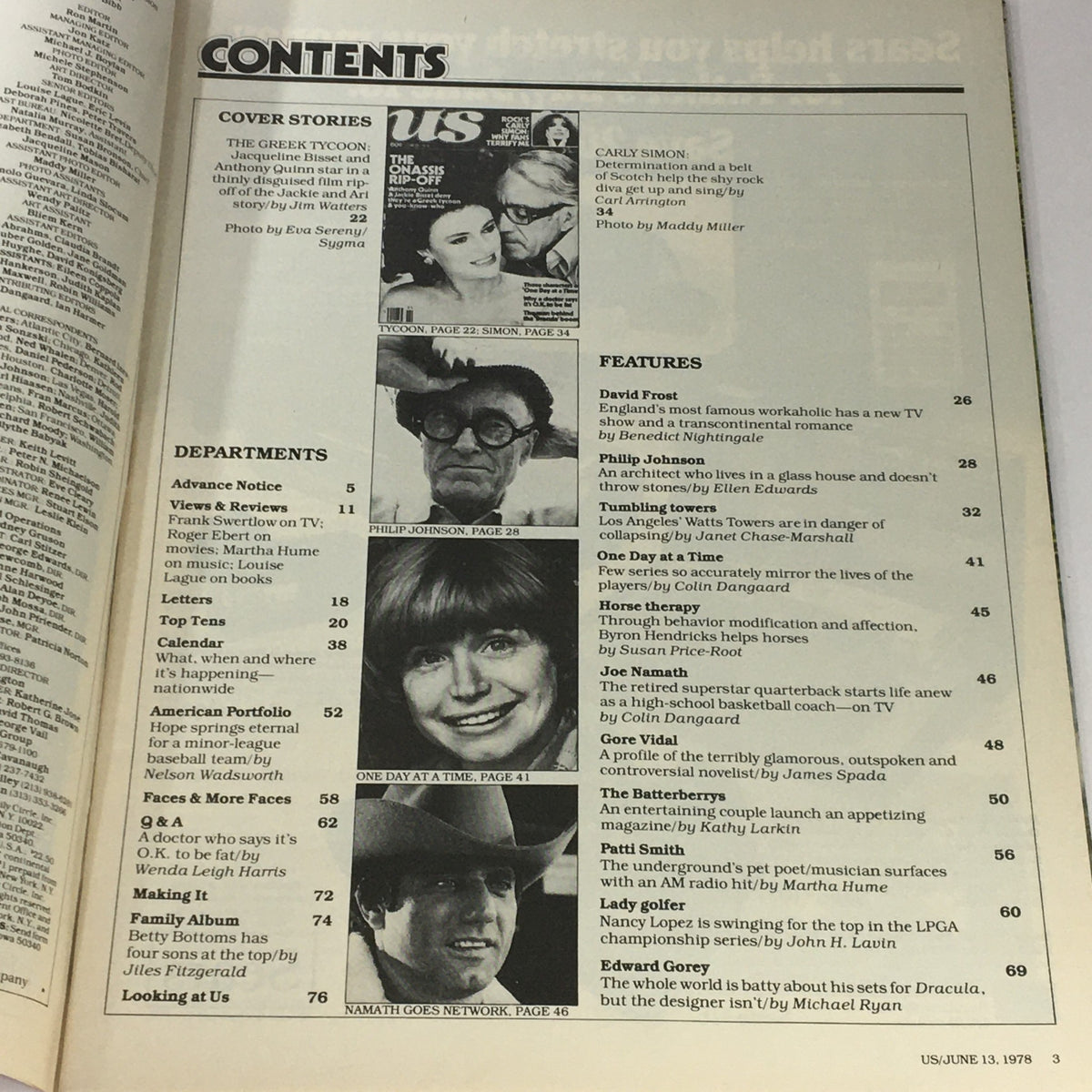 Contents page of VTG Us Magazine June 13 1978 featuring cover stories with celebrities Anthony Quinn and Jackie Bisset, and details on Carly Simon's feature.