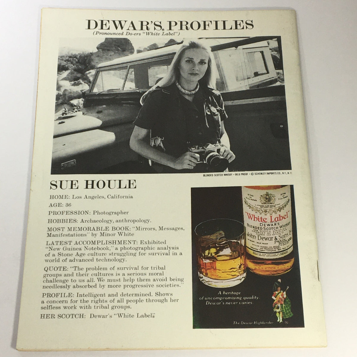 Profile page from VTG Us Magazine June 13 1978 featuring photographer Sue Houle, with biographical details and Dewar's White Label advertisement.