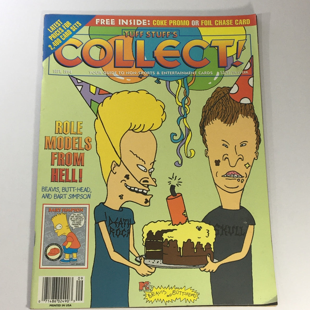 Cover of Tuff Stuff's Collect Magazine September 1994 featuring Beavis & Butthead. The illustration depicts Beavis and Butthead celebrating with a birthday cake, showcasing a colorful background with festive elements.