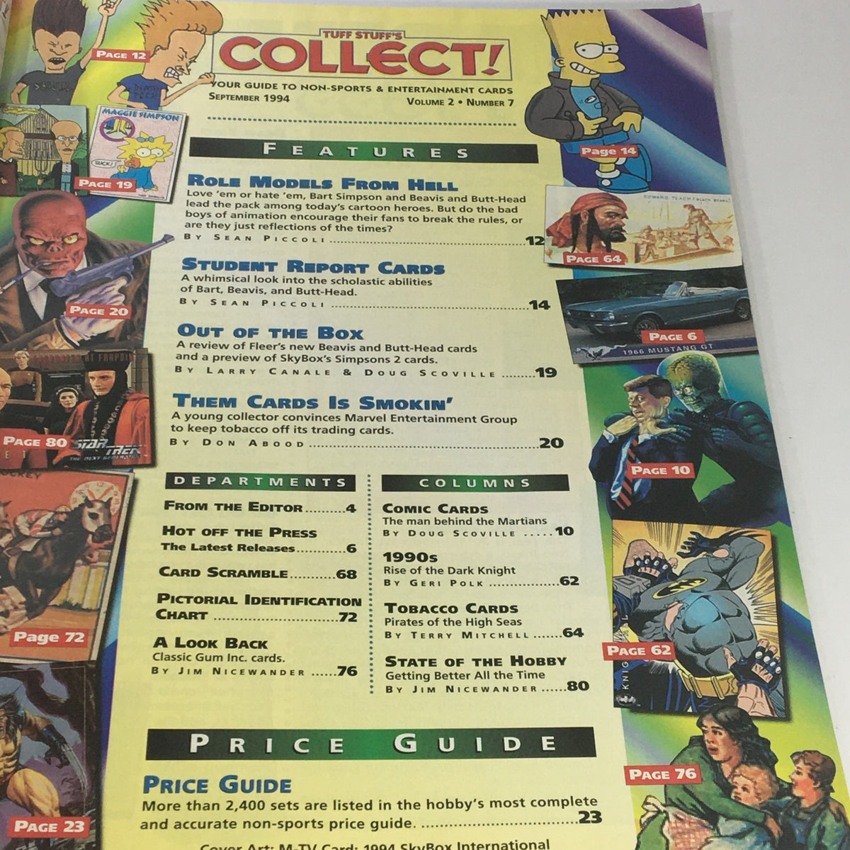 Inside content page of Tuff Stuff's Collect Magazine September 1994. Features sections about Bart Simpson, Beavis and Butthead, and various non-sports and entertainment card topics.