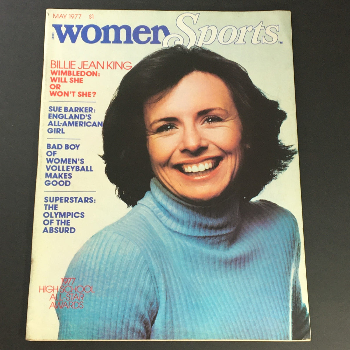 Cover of the May 1977 issue of Women Sports Magazine featuring Billie Jean King with the headline about Wimbledon, along with Sue Barker and other sports topics. Ideal for collectors of vintage sports magazines.