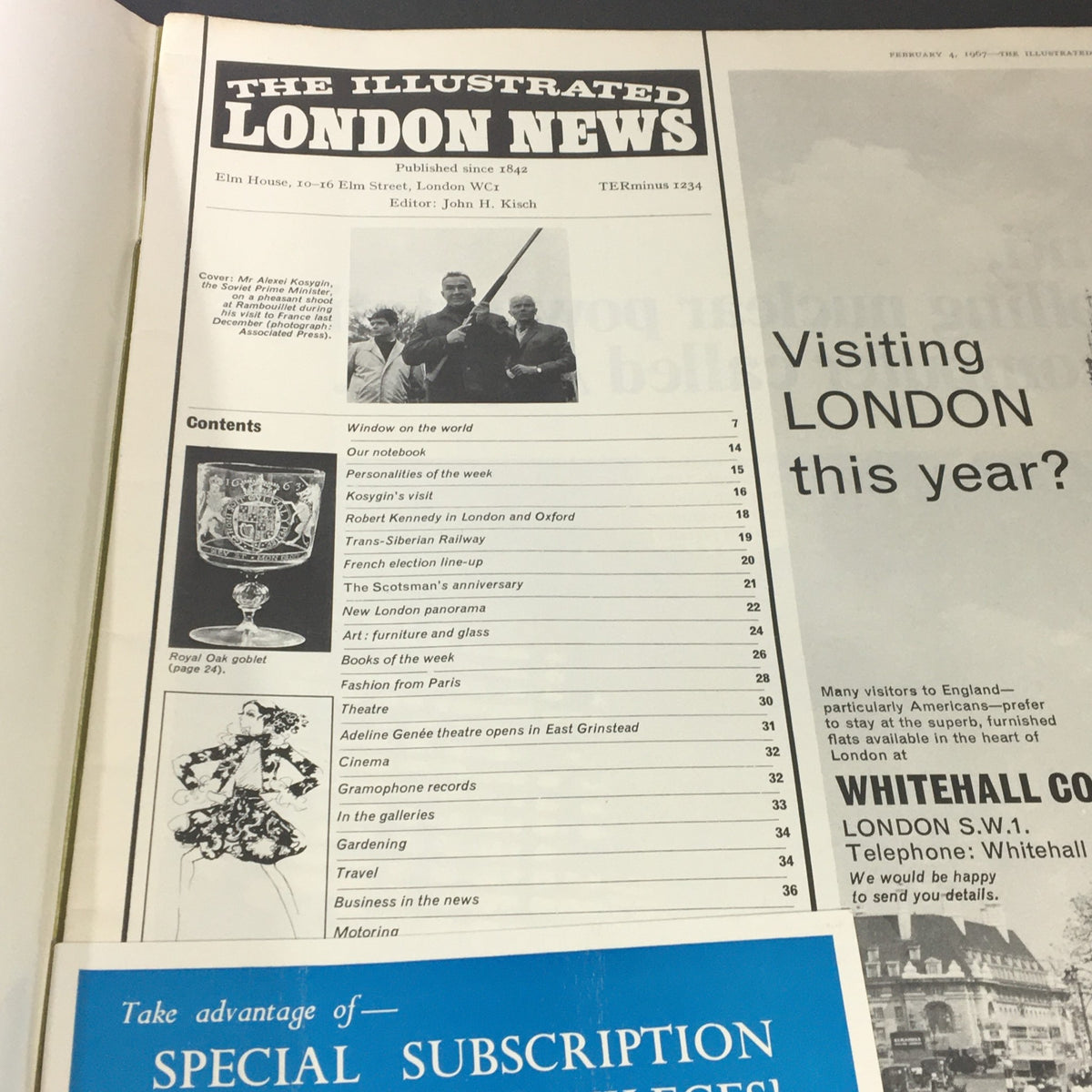 The Illustrated London News Magazine dated February 4, 1967, featuring the table of contents, with articles on Alexei Kosygin, personalities of the week, and other historical topics from that era.