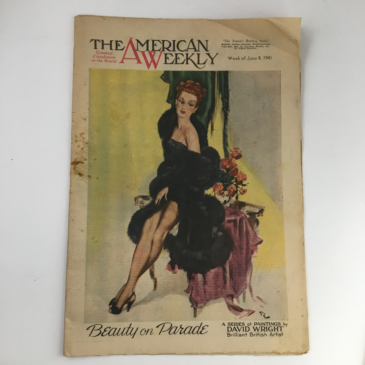 Cover of The American Weekly Magazine dated June 8, 1947 featuring a painting series titled "Beauty on Parade" by David Wright, showcasing a stylish woman in a fur coat against a vibrant background.