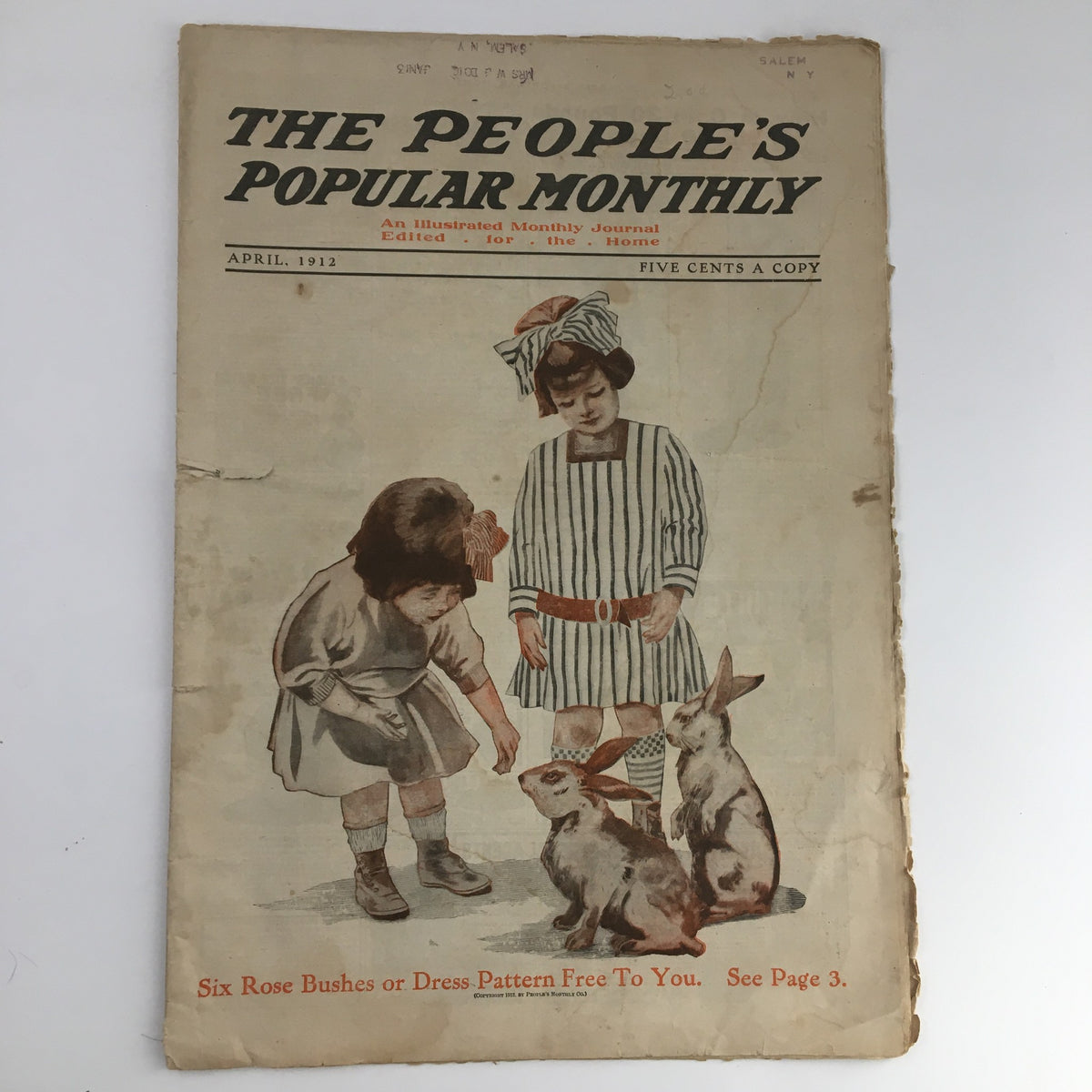 Cover of VTG The People's Popular Monthly April 1912 featuring children with bunnies and a charming vintage illustration.