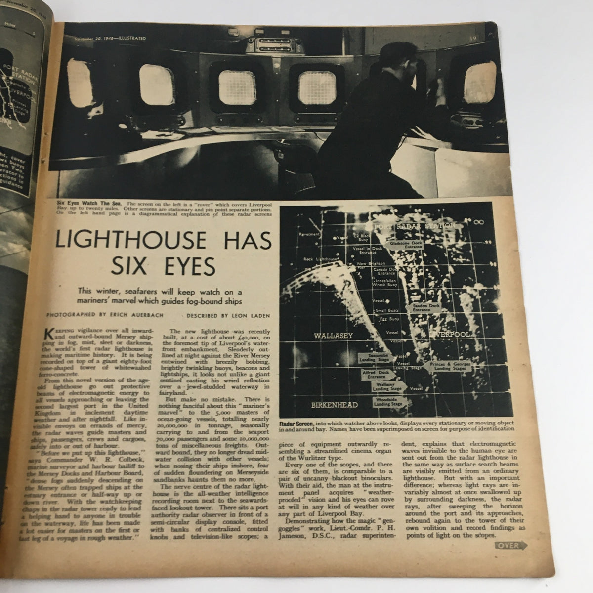 VTG Illustrated Magazine November 20 1948 featuring an article titled 'Lighthouse Has Six Eyes' discussing maritime technology and safety with an image of a radar screen.