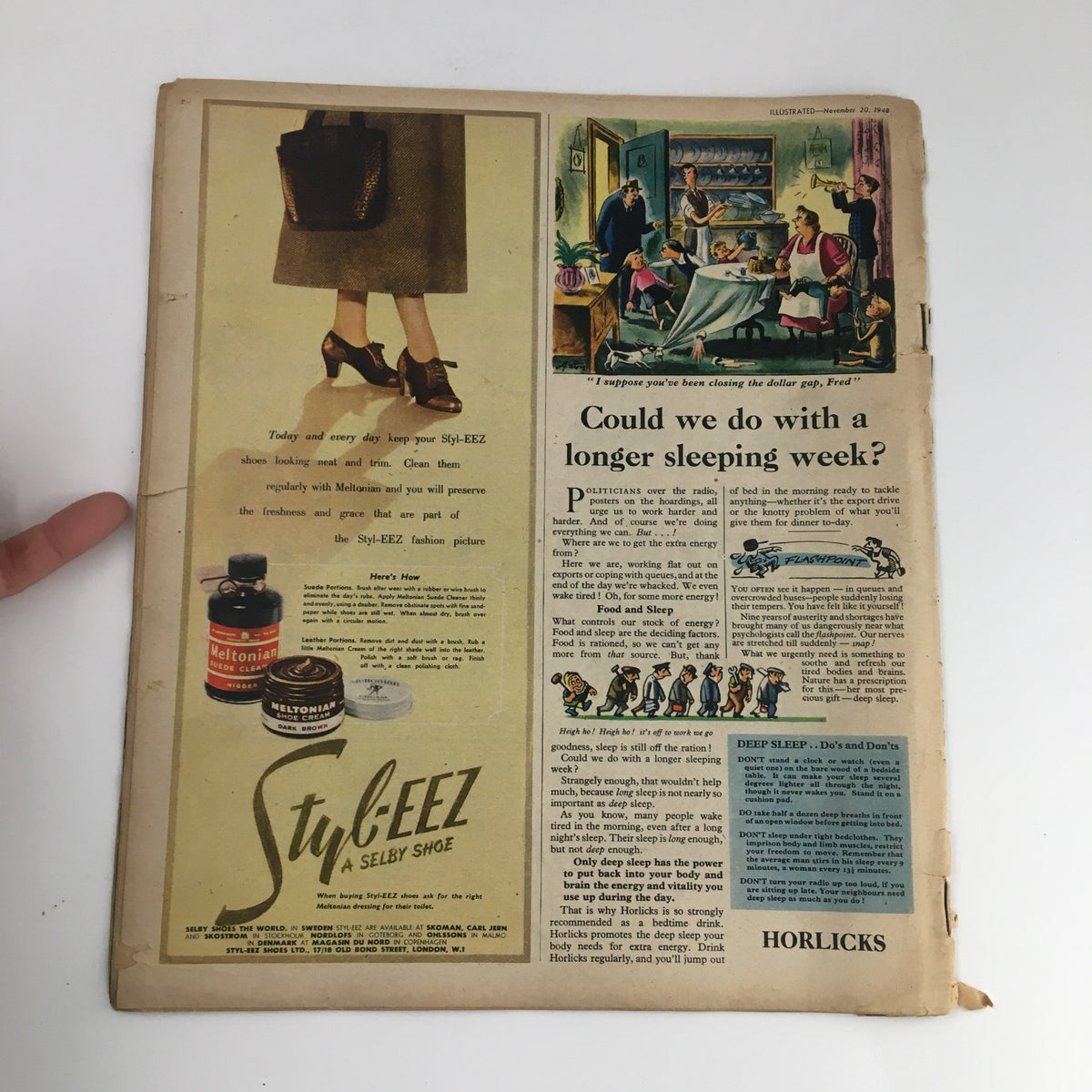 VTG Illustrated Magazine November 20 1948 showcasing an advertisement for Styl-EEZ shoes alongside a humorous article about sleep titled 'Could we do with a longer sleeping week?'. 