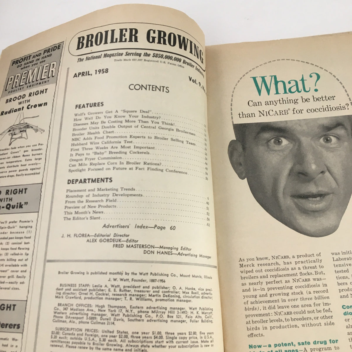 Interior page of Broiler Growing Magazine April 1958 showing the table of contents and key articles focused on broiler farming practices and industry insights.