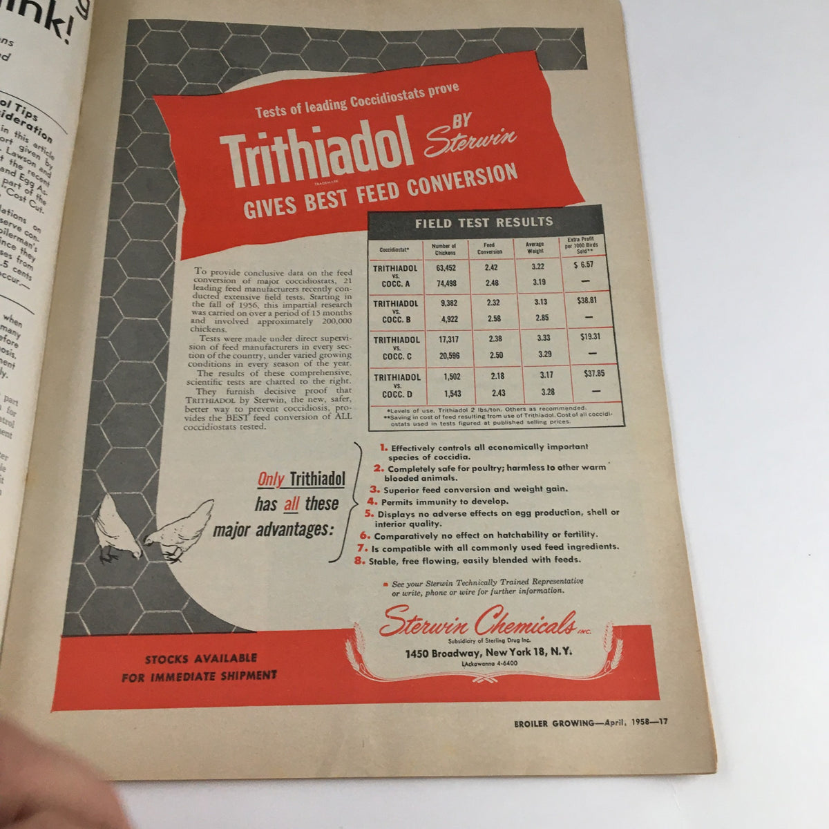 Advertisement in Broiler Growing Magazine April 1958 promoting Trithiadol, a feed conversion solution for poultry, including field test results.