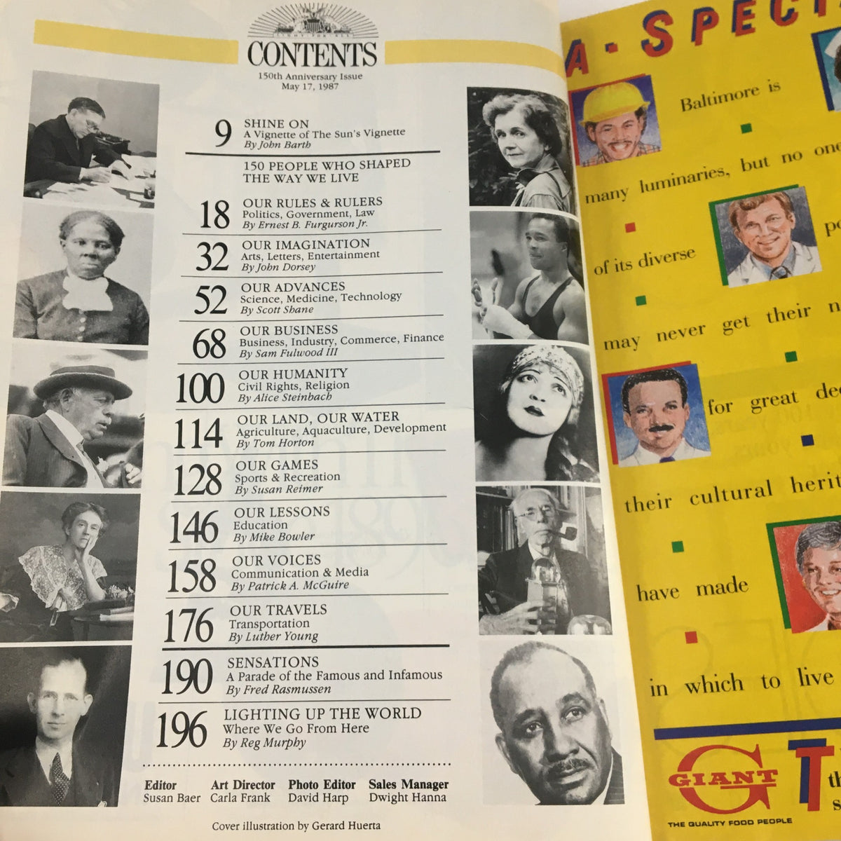 Contents page of the Baltimore Sun Magazine May 17, 1987, detailing articles including '150 People Who Shaped the Way We Live' under the theme 'Lighting Up The World'.