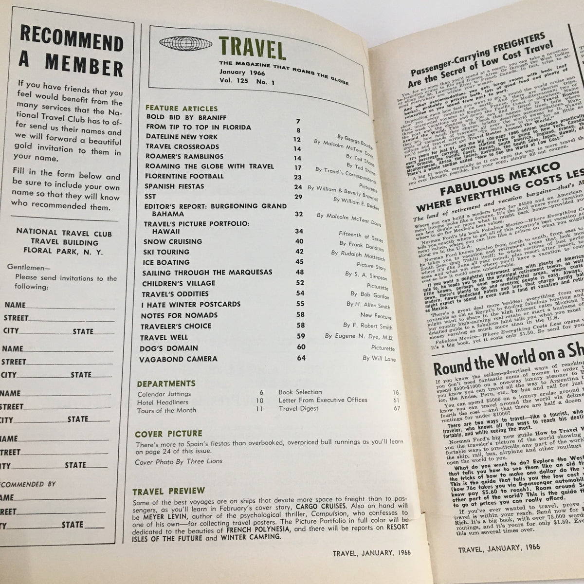 Inside page of VTG Travel Magazine January 1966 displaying the table of contents and articles, highlighting travel features and adventure themes.