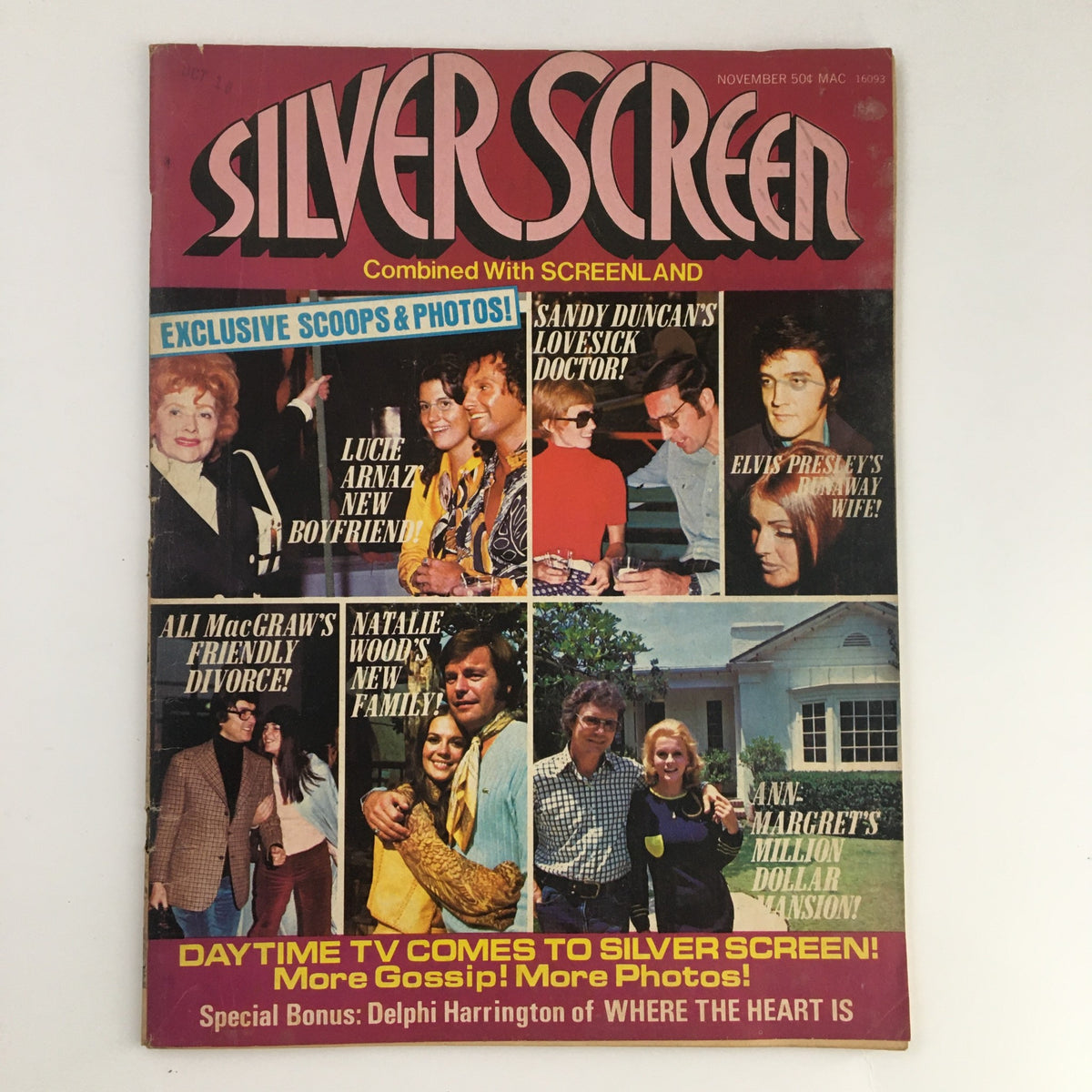 Cover of Silver Screen Magazine November 1972 showcasing Lucie Arnaz, Sandy Duncan, and Elvis Presley with headlines about their personal lives and current events in Hollywood.