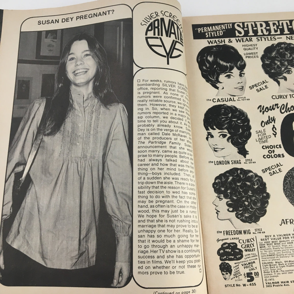 Inside page from Silver Screen Magazine November 1972 featuring an article about Susan Dey with a photograph of her smiling.